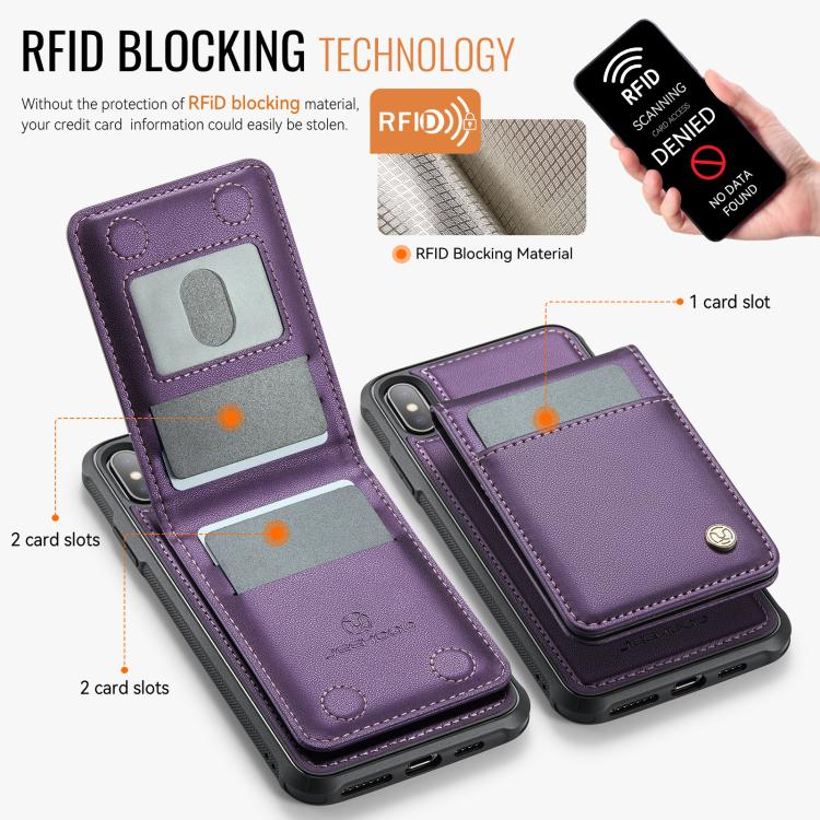 For iPhone X / XS JEEHOOD J06 British Style RFID MagSafe Card Bag PU Phone Case(Purple) by JEEHOOD