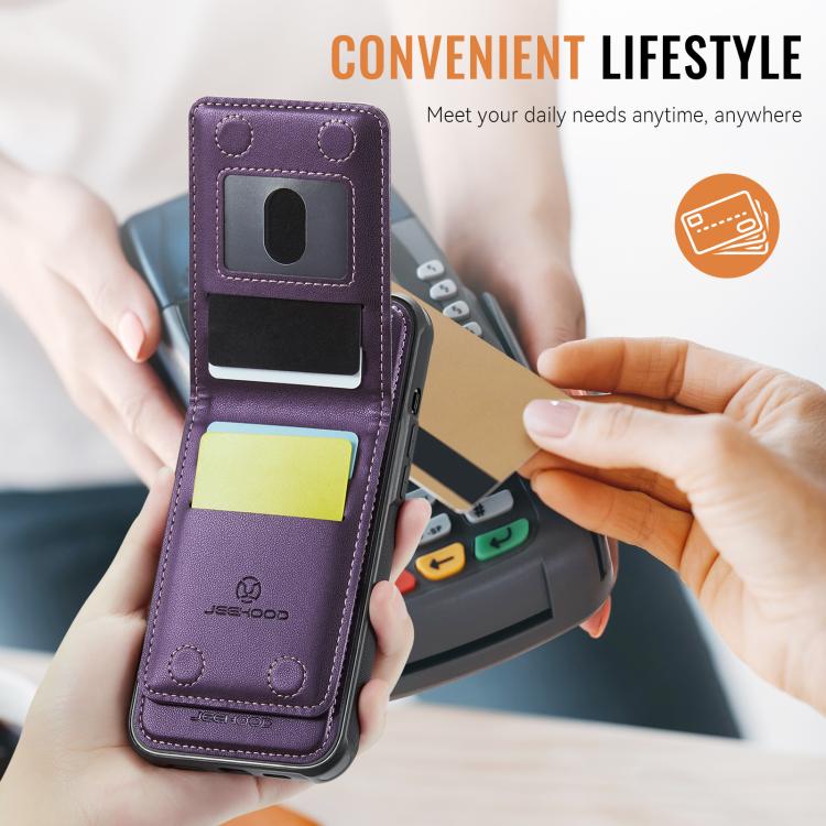For iPhone X / XS JEEHOOD J06 British Style RFID MagSafe Card Bag PU Phone Case(Purple) by JEEHOOD