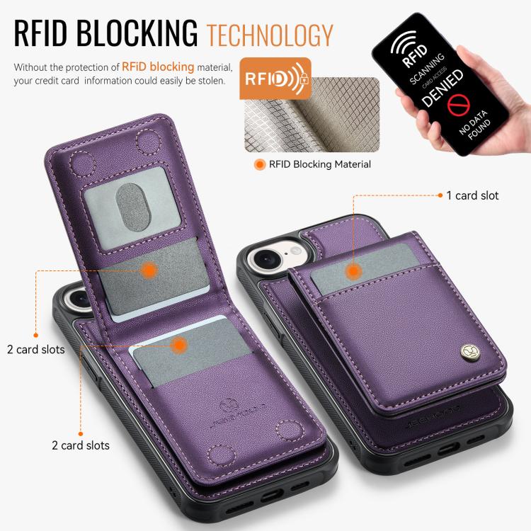 For iPhone 16e JEEHOOD J06 British Style RFID MagSafe Card Bag PU Phone Case(Purple) by JEEHOOD