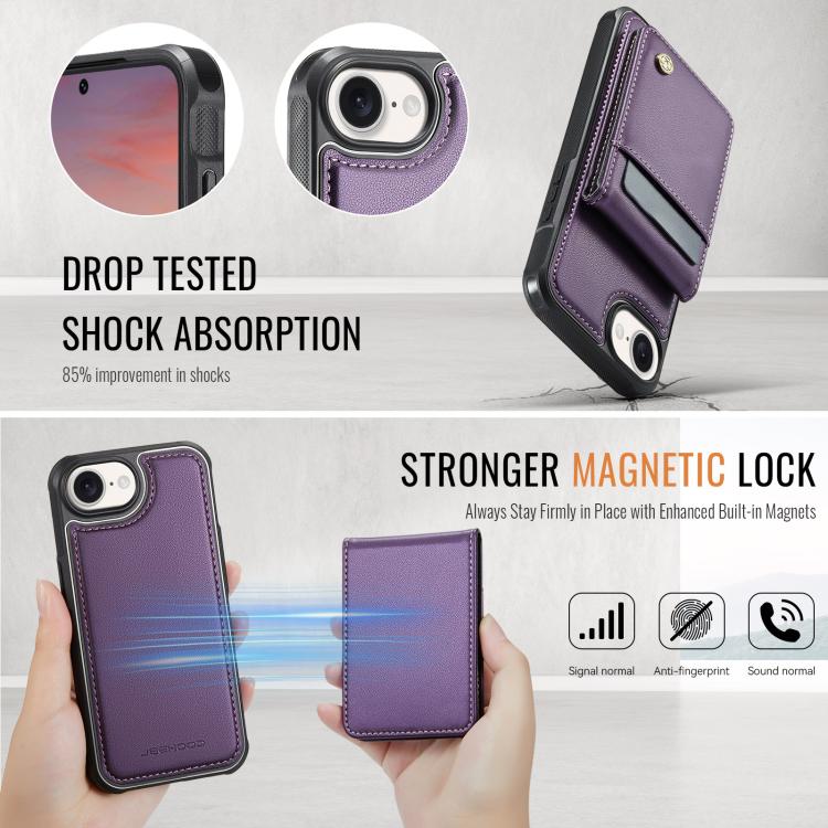 For iPhone 16e JEEHOOD J06 British Style RFID MagSafe Card Bag PU Phone Case(Purple) by JEEHOOD