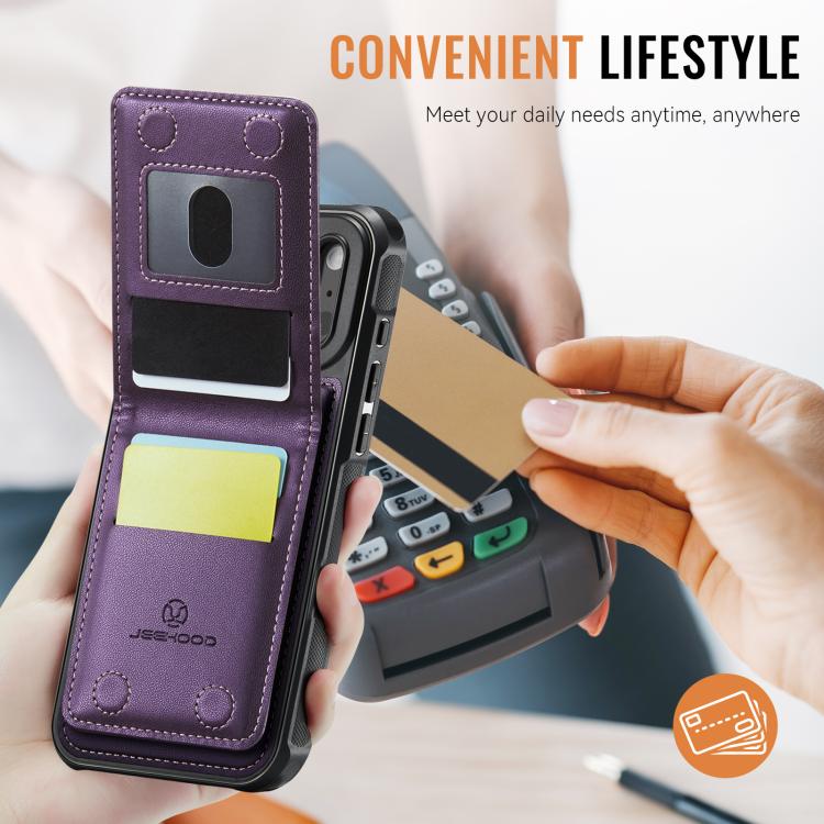 For iPhone 17 Pro Max JEEHOOD J06 British Style RFID MagSafe Card Bag PU Phone Case(Purple) by JEEHOOD