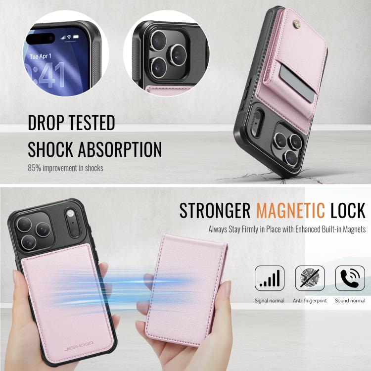 For iPhone 17 Pro Max JEEHOOD J06 British Style RFID MagSafe Card Bag PU Phone Case(Pink) by JEEHOOD