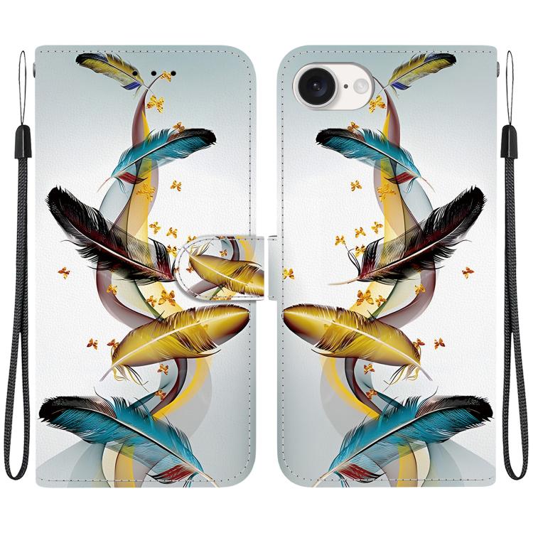 For iPhone 16e Crystal Texture Colored Drawing Leather Phone Case(Gold Butterfly Feathers) by bashfashion