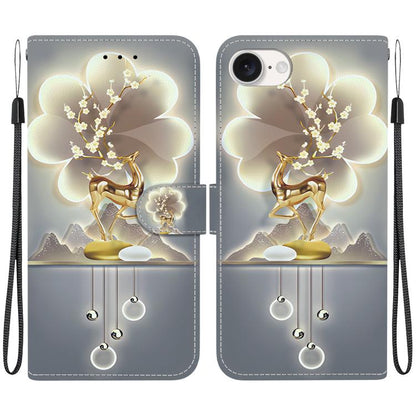 For iPhone 16e Crystal Texture Colored Drawing Leather Phone Case(Sika Deer) by bashfashion