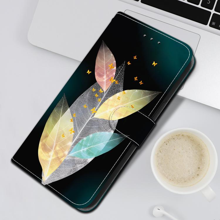 For iPhone 16e Crystal Texture Colored Drawing Leather Phone Case(Colored Leaves) by bashfashion