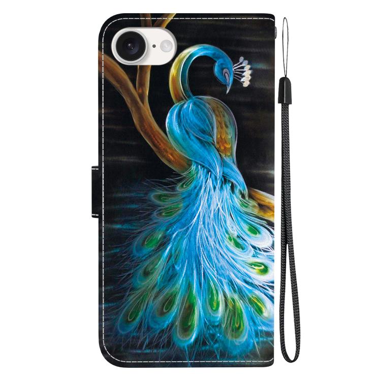 For iPhone 16e Crystal Texture Colored Drawing Leather Phone Case(Peacock) by bashfashion