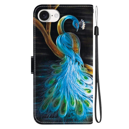For iPhone 16e Crystal Texture Colored Drawing Leather Phone Case(Peacock) by bashfashion