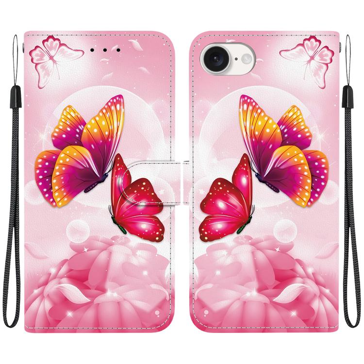 For iPhone 16e Crystal Texture Colored Drawing Leather Phone Case(Pink Butterflies) by bashfashion