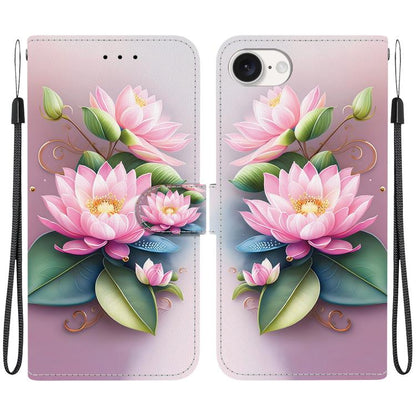 For iPhone 16e Crystal Texture Colored Drawing Leather Phone Case(Lotus) by bashfashion