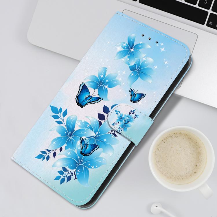 For iPhone 16e Crystal Texture Colored Drawing Leather Phone Case(Blue Butterflies) by bashfashion