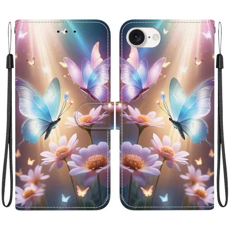 For iPhone 16e Crystal Texture Colored Drawing Leather Phone Case(Butterfly Love Flower) by bashfashion