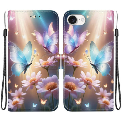 For iPhone 16e Crystal Texture Colored Drawing Leather Phone Case(Butterfly Love Flower) by bashfashion