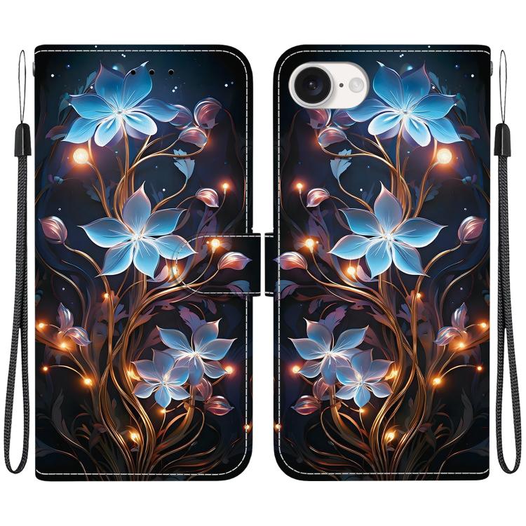 For iPhone 16e Crystal Texture Colored Drawing Leather Phone Case(Little Lantern Flower) by bashfashion