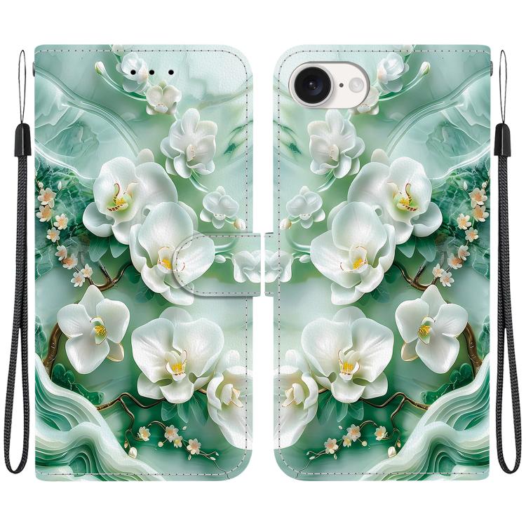 For iPhone 16e Crystal Texture Colored Drawing Leather Phone Case(Jade Flowers) by bashfashion