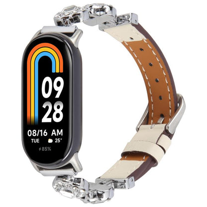 For Xiaomi Smart Band 9 / 8 Metal Diamond Leather Bracelet Watch Band(Silver Creamy White) by bashfashion