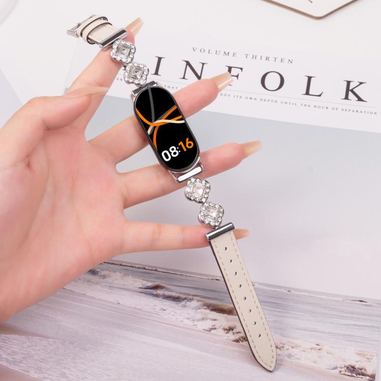 For Xiaomi Smart Band 9 / 8 Metal Diamond Leather Bracelet Watch Band(Silver Creamy White) by bashfashion