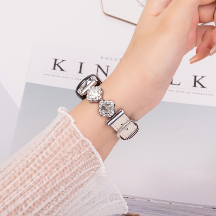 For Xiaomi Smart Band 9 / 8 Metal Diamond Leather Bracelet Watch Band(Silver Creamy White) by bashfashion