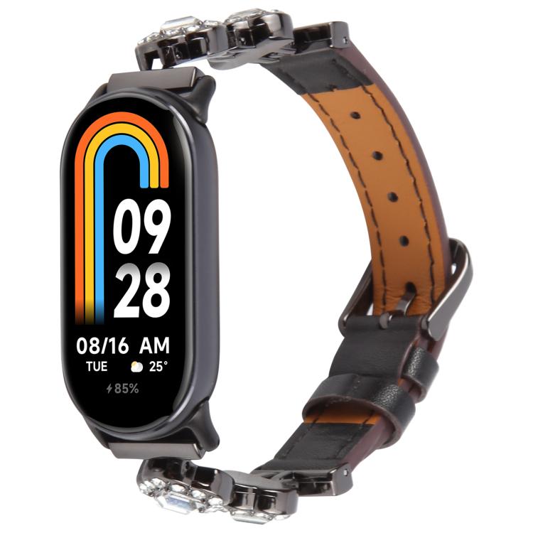For Xiaomi Smart Band 9 / 8 Metal Diamond Leather Bracelet Watch Band(Black) by bashfashion