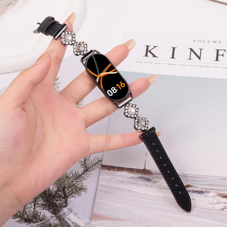 For Xiaomi Smart Band 9 / 8 Metal Diamond Leather Bracelet Watch Band(Black) by bashfashion