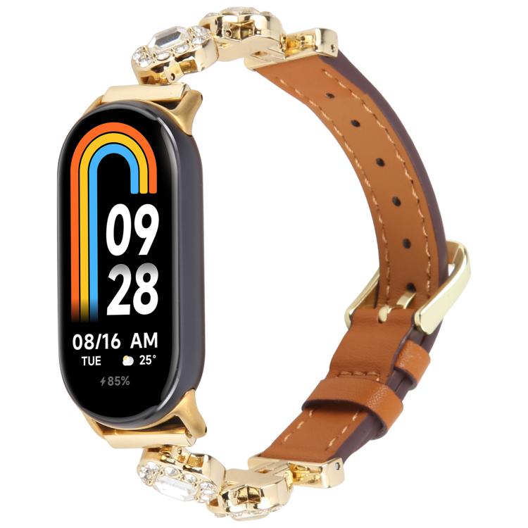 For Xiaomi Smart Band 9 / 8 Metal Diamond Leather Bracelet Watch Band(Gold Brown) by bashfashion