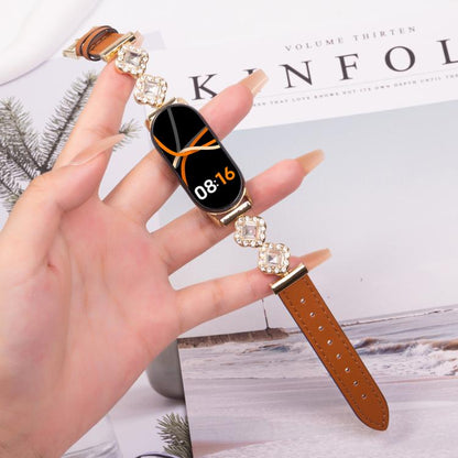 For Xiaomi Smart Band 9 / 8 Metal Diamond Leather Bracelet Watch Band(Gold Brown) by bashfashion
