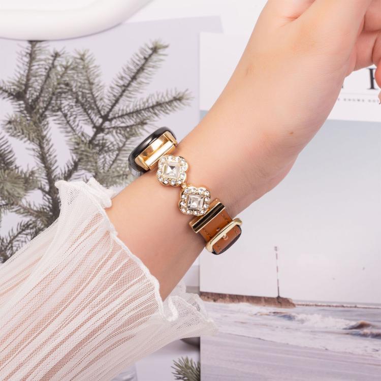 For Xiaomi Smart Band 9 / 8 Metal Diamond Leather Bracelet Watch Band(Gold Brown) by bashfashion