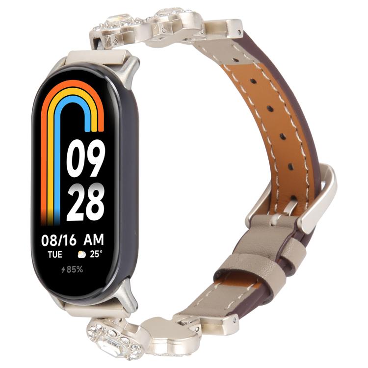 For Xiaomi Smart Band 9 / 8 Metal Diamond Leather Bracelet Watch Band(Starlight Grey) by bashfashion