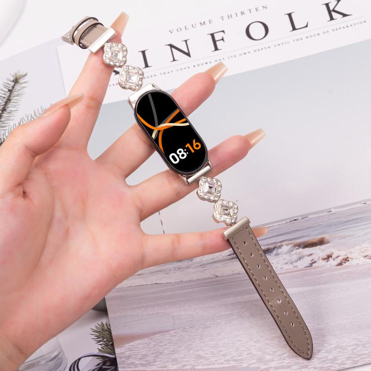 For Xiaomi Smart Band 9 / 8 Metal Diamond Leather Bracelet Watch Band(Starlight Grey) by bashfashion