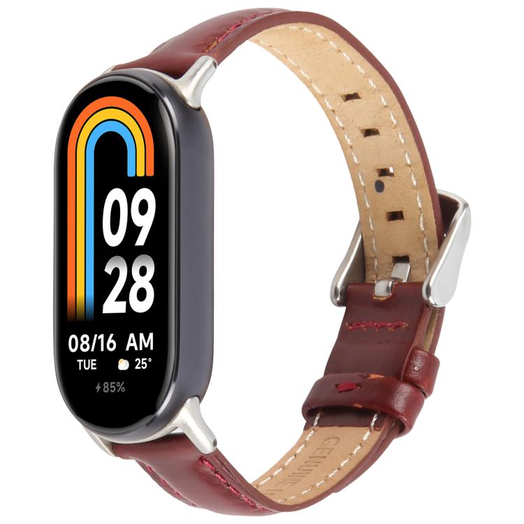 For Xiaomi Smart Band 9 / 8 Silver Metal Connector Genuine Leather Watch Band(Wine Red) by bashfashion