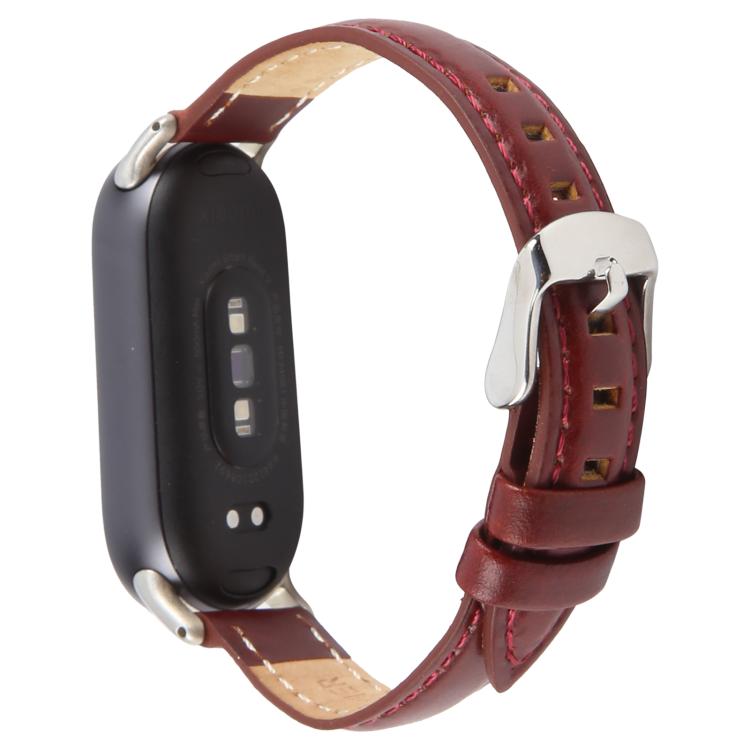 For Xiaomi Smart Band 9 / 8 Silver Metal Connector Genuine Leather Watch Band(Wine Red) by bashfashion