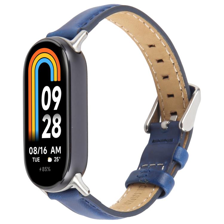 For Xiaomi Smart Band 9 / 8 Silver Metal Connector Genuine Leather Watch Band(Blue) by bashfashion