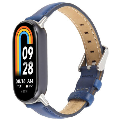 For Xiaomi Smart Band 9 / 8 Silver Metal Connector Genuine Leather Watch Band(Blue) by bashfashion