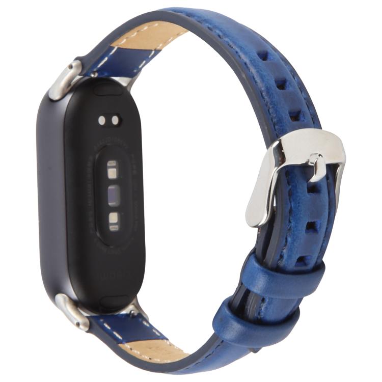 For Xiaomi Smart Band 9 / 8 Silver Metal Connector Genuine Leather Watch Band(Blue) by bashfashion