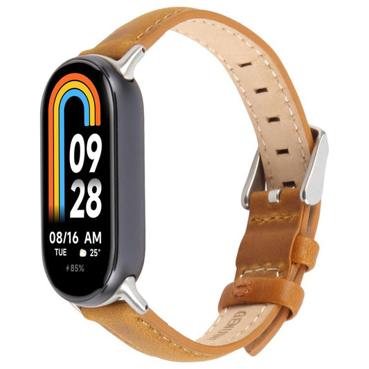 For Xiaomi Smart Band 9 / 8 Silver Metal Connector Genuine Leather Watch Band(Brown) by bashfashion