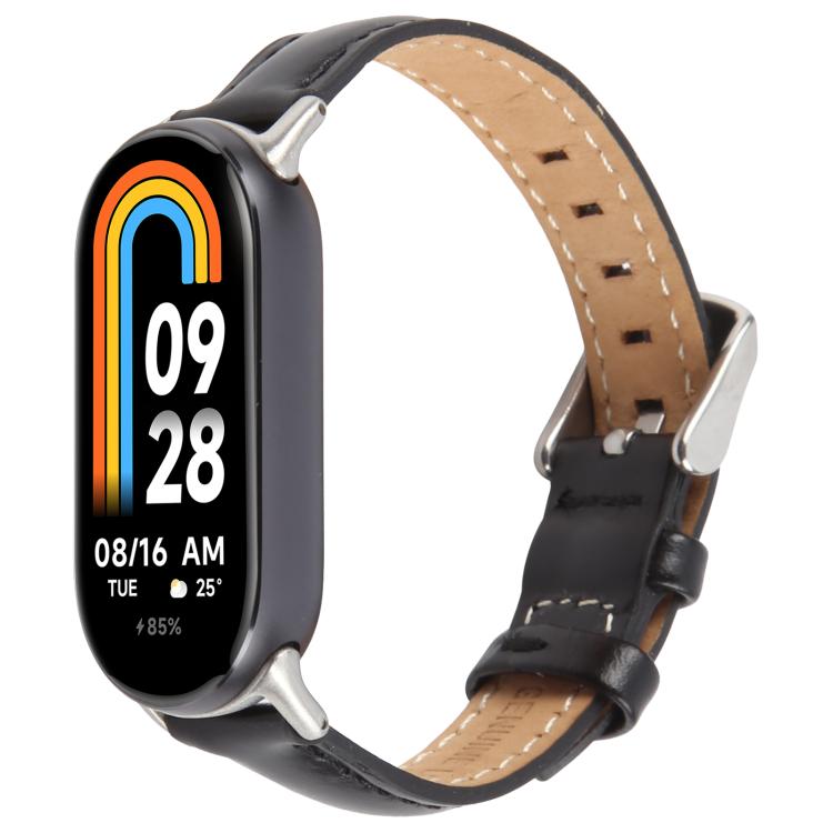 For Xiaomi Smart Band 9 / 8 Silver Metal Connector Genuine Leather Watch Band(Black) by bashfashion