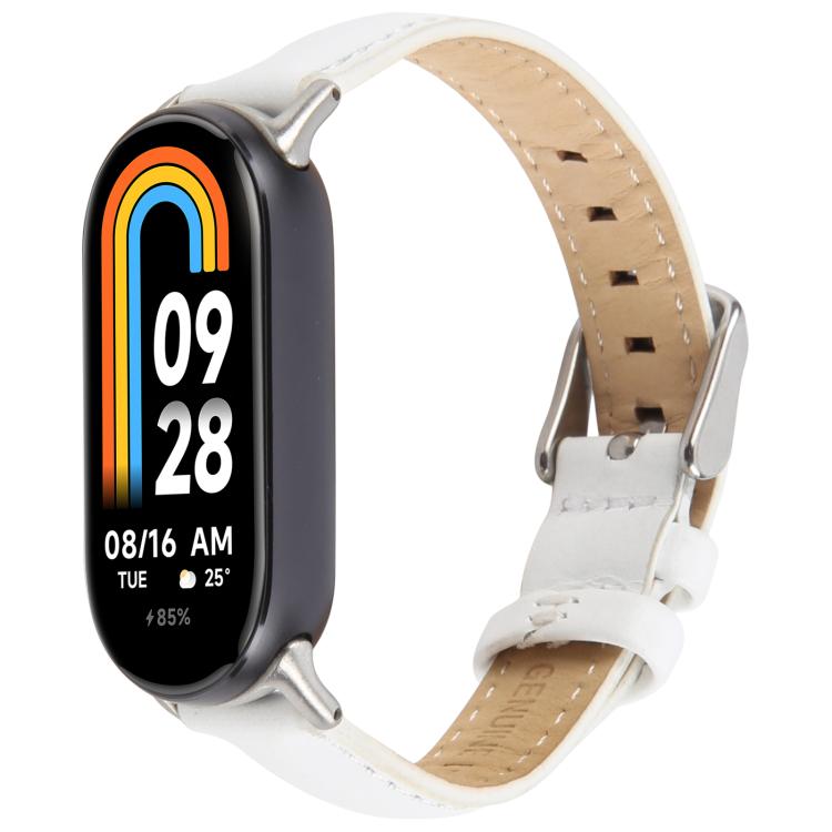 For Xiaomi Smart Band 9 / 8 Silver Metal Connector Genuine Leather Watch Band(White) by bashfashion