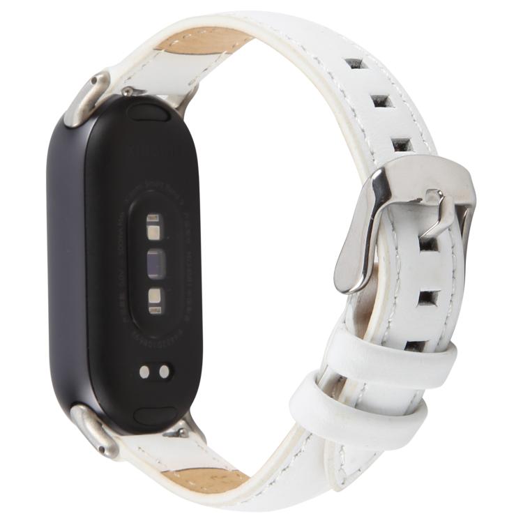 For Xiaomi Smart Band 9 / 8 Silver Metal Connector Genuine Leather Watch Band(White) by bashfashion
