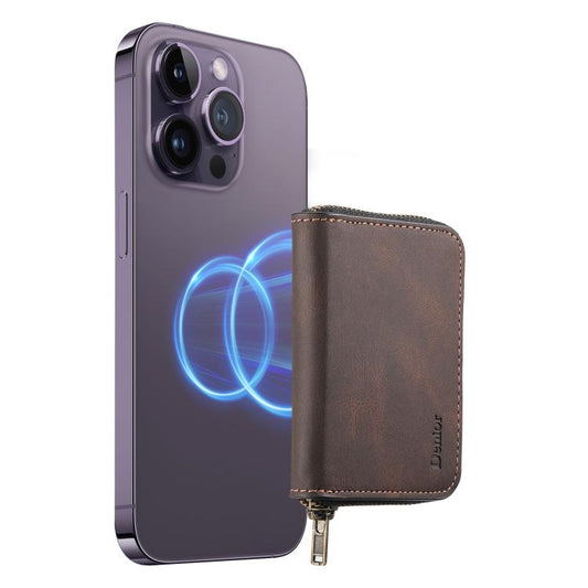 Denior V17 Skin Feel MagSafe RFID Zipper Wallet Card Bag Case(Brown) by Denior