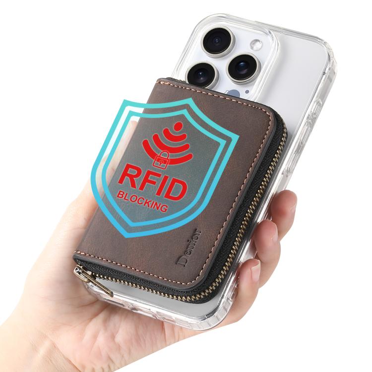 Denior V17 Skin Feel MagSafe RFID Zipper Wallet Card Bag Case(Brown) by Denior