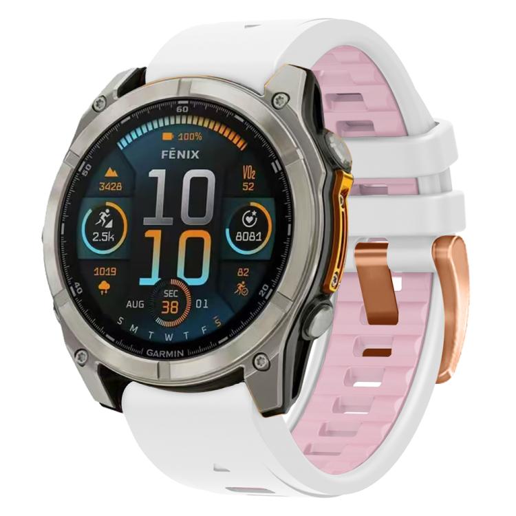 For Garmin Fenix 8 AMOLED 43mm Rose Gold Steel Buckle Quick Release Silicone Watch Band(White Pink) by bashfashion