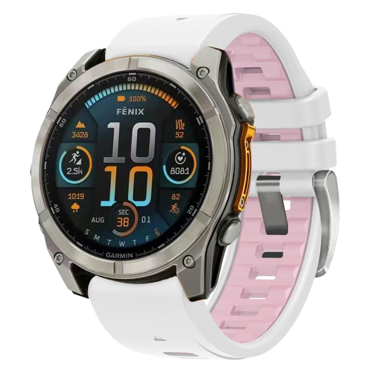 For Garmin Fenix 8 AMOLED 43mm Silver Steel Buckle Quick Release Silicone Watch Band(White Pink) by bashfashion