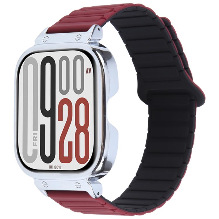 For Redmi Watch 5 / Watch 4 Metal Silver Frame Integrated I-shaped Magnetic Silicone Watch Band(Wine Red Black) by bashfashion