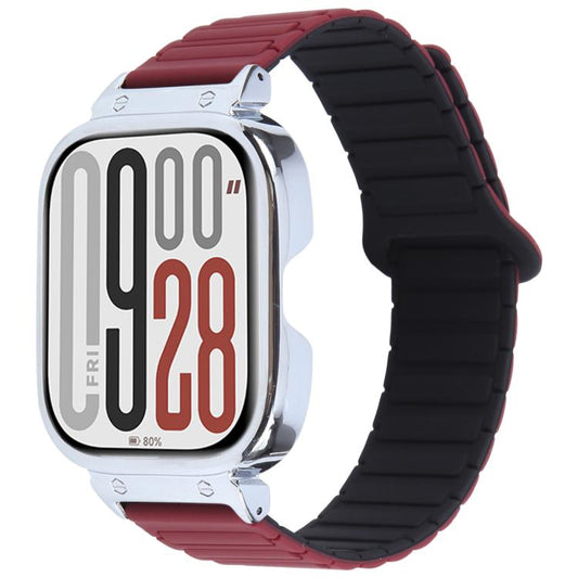For Redmi Watch 5 / Watch 4 Metal Silver Frame Integrated I-shaped Magnetic Silicone Watch Band(Wine Red Black) by bashfashion