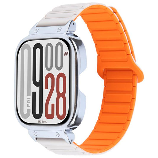 For Redmi Watch 5 / Watch 4 Metal Silver Frame Integrated I-shaped Magnetic Silicone Watch Band(White Orange) by bashfashion