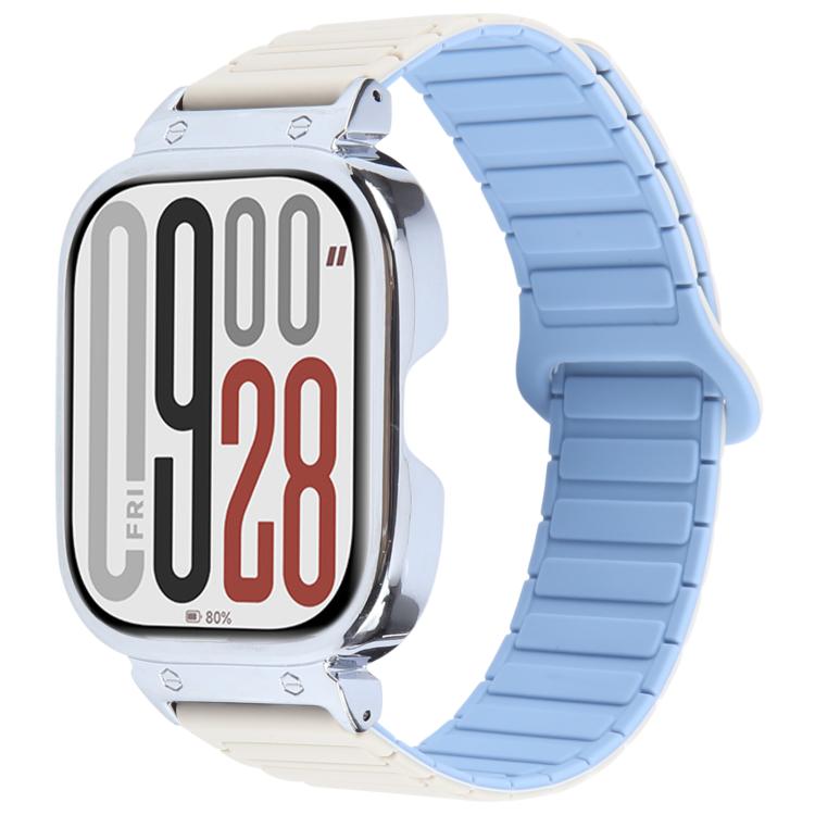 For Redmi Watch 5 / Watch 4 Metal Silver Frame Integrated I-shaped Magnetic Silicone Watch Band(White Blue) by bashfashion
