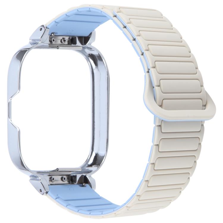 For Redmi Watch 5 / Watch 4 Metal Silver Frame Integrated I-shaped Magnetic Silicone Watch Band(White Blue) by bashfashion