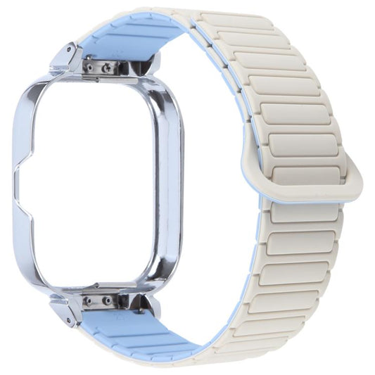 For Redmi Watch 5 / Watch 4 Metal Silver Frame Integrated I-shaped Magnetic Silicone Watch Band(White Blue) by bashfashion