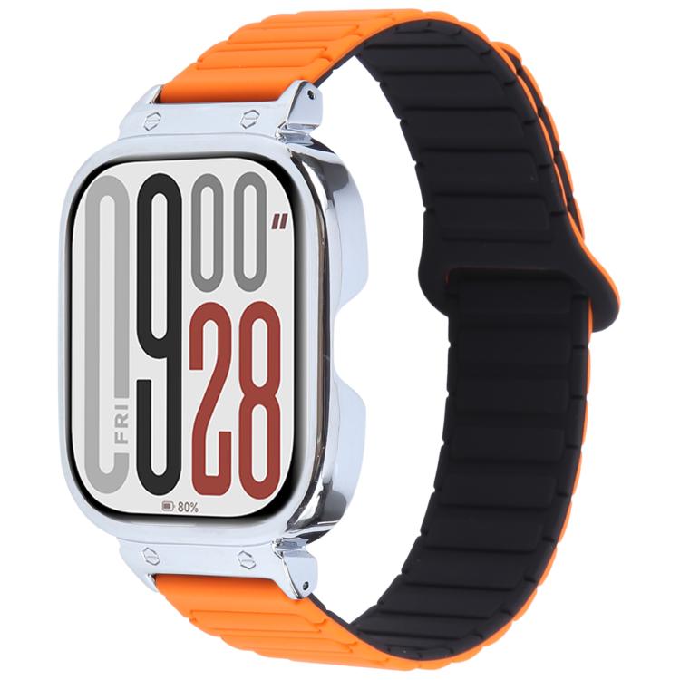 For Redmi Watch 5 / Watch 4 Metal Silver Frame Integrated I-shaped Magnetic Silicone Watch Band(Orange Black) by bashfashion