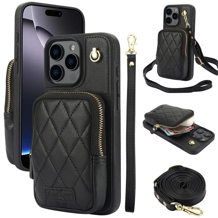 For iPhone 16 Pro Max AwQuer Crossbody Zipper Wallet Bag Litchi Leather Phone Case(Black) by Awquer