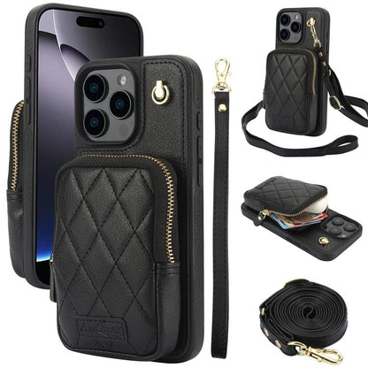 For iPhone 16 Pro Max AwQuer Crossbody Zipper Wallet Bag Litchi Leather Phone Case(Black) by Awquer